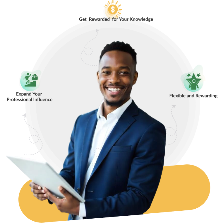 Person holding a tablet with the text 'Expand your professional influence, get rewarded for your knowledge, Flexible and rewarding,' symbolizing career growth, recognition, and flexibility.
