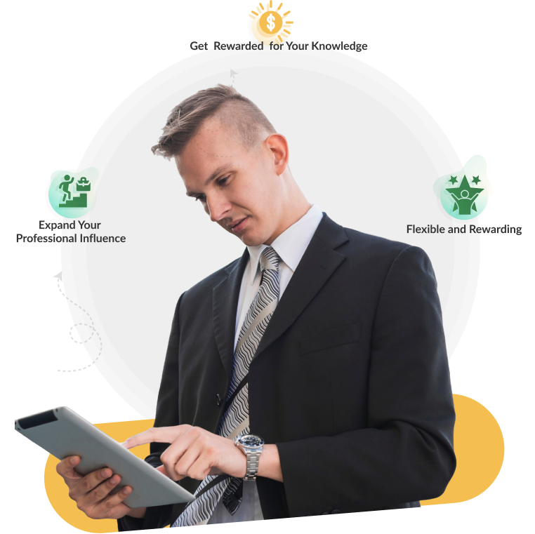 Person holding a tablet with the text 'Expand your professional influence, get rewarded for your knowledge, Flexible and rewarding,' symbolizing career growth, recognition, and flexibility.