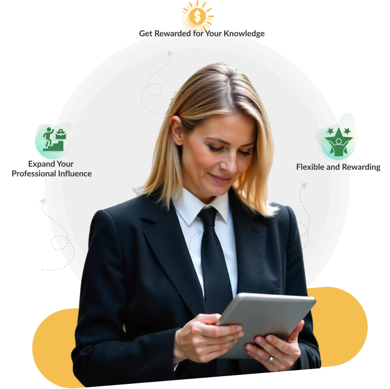 Person holding a tablet with the text 'Expand your professional influence, get rewarded for your knowledge, Flexible and rewarding,' symbolizing career growth, recognition, and flexibility.